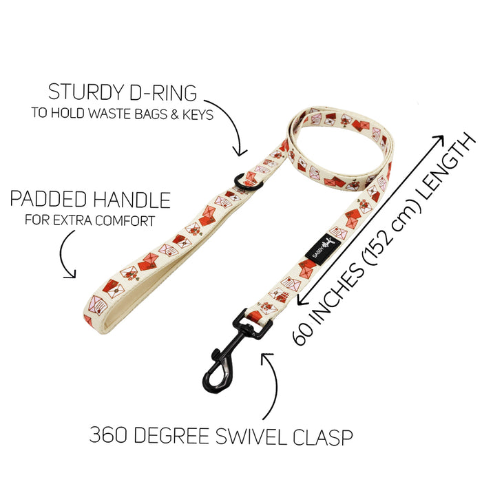 The Sassy Woof Dog Two Piece Bundle - P.S. I Woof You features a cream-colored leash with red and brown patterns, padded handle, sturdy D-ring, 360° swivel clasp, and 60" length. Labels highlight each feature. Perfect with an adjustable harness for secure walks.