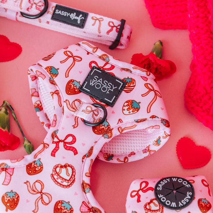The Sassy Woof Dog Two Piece Bundle - P.S. I Woof You features a pink adjustable harness with strawberries, red bows, and desserts, shown with a matching collar, leash, and cute red and pink accessories on a pink background.