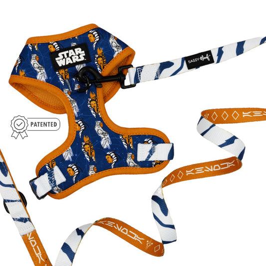 The Sassy Woof Dog Two Piece Bundle - STAR WARS™ Ahsoka features a blue and orange Kenobi-patterned harness and matching adjustable leash, both with the Sassy Woof logo and Patented badge, inspired by Star Wars Ahsoka.