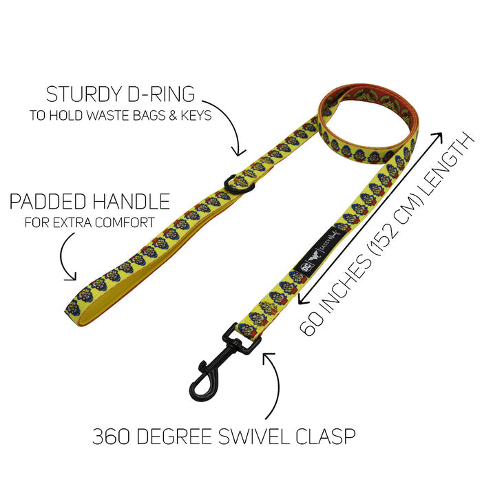 The Sassy Woof Dog Two Piece Bundle - Wonder Woman™ includes a yellow adjustable leash with instructions, designed to pair perfectly with the coordinating Wonder Woman dog harness.