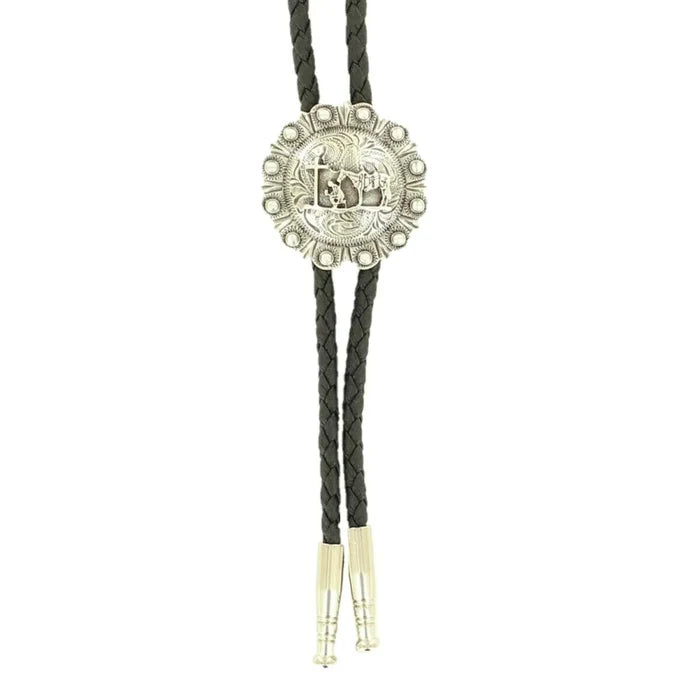 Double S Silver Engraved Praying Cross Round Bolo Tie