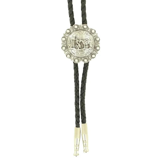 Double S Silver Engraved Praying Cross Round Bolo Tie