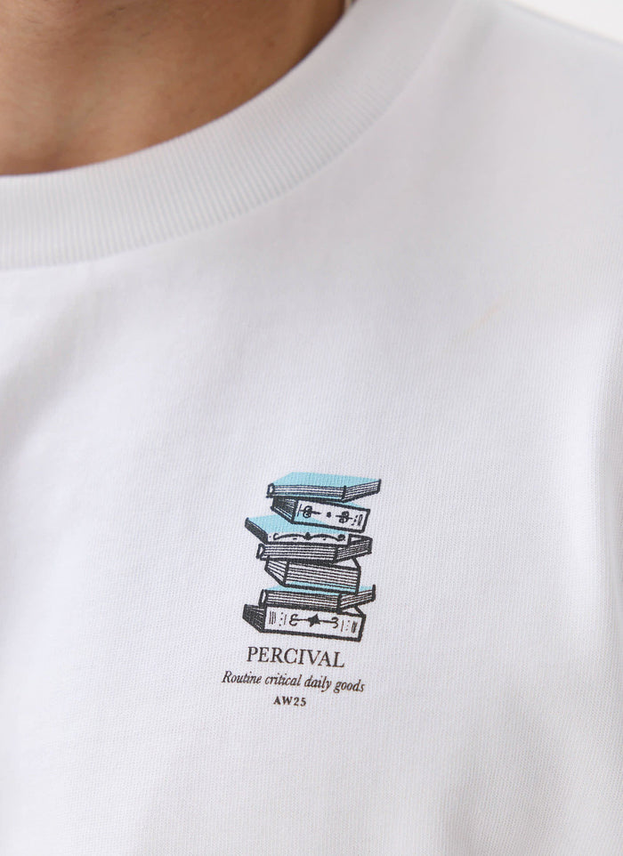 A close-up of the Percival Duke T-shirt in white, showing the 'Routine Critical Daily Goods' graphic on the chest.