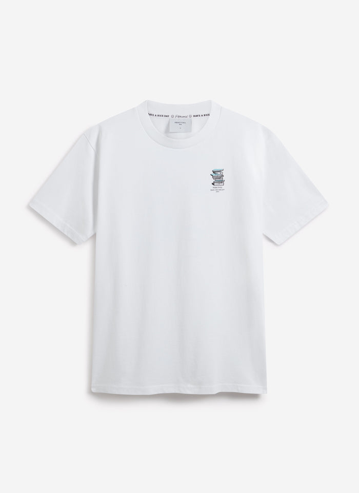 The Percival Duke T-shirt in white organic cotton, laid flat to show the 'Routine Critical Daily Goods' print on the chest.