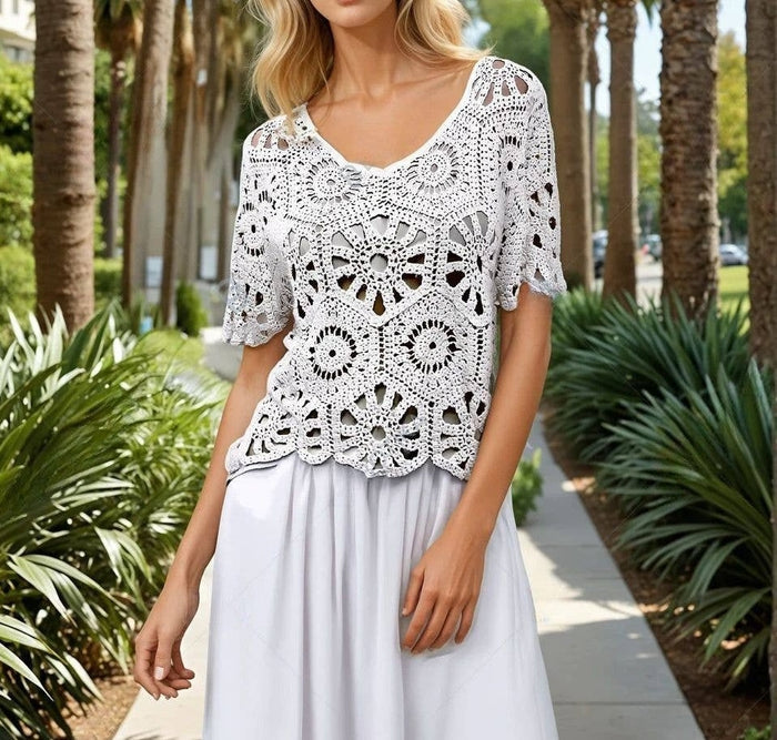 white crochet short sleeve top