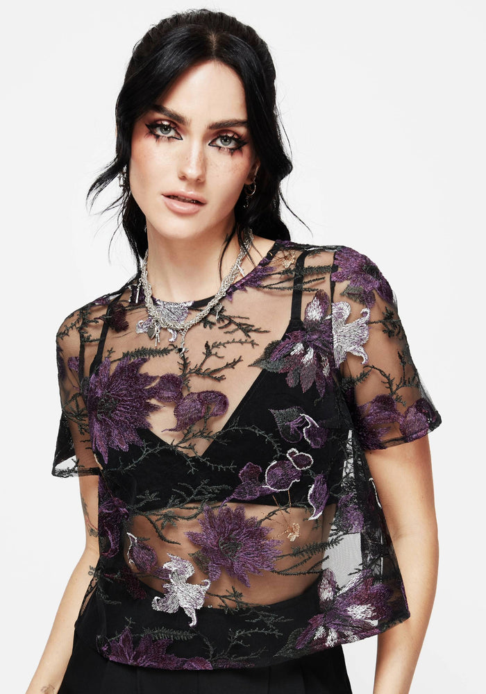 Estrid Embroidered Mesh Tie Back Blouse Top