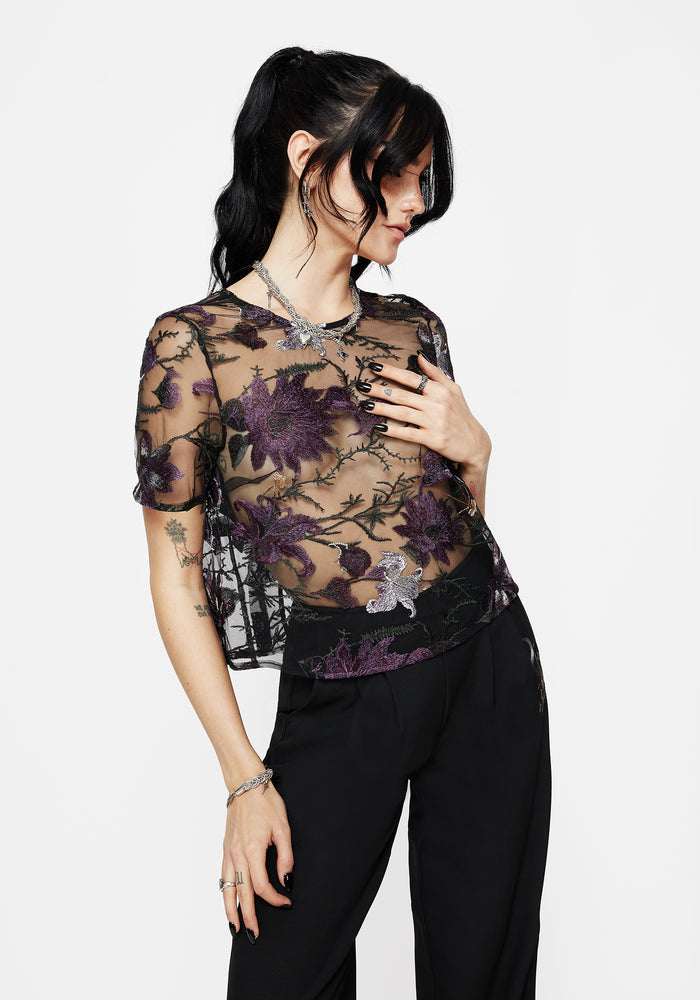 Estrid Embroidered Mesh Tie Back Blouse Top