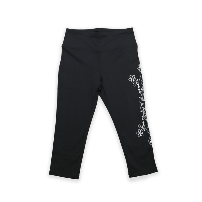 Black Eternal Spring Floral 3/4 Leggings with floral print on side flat lay