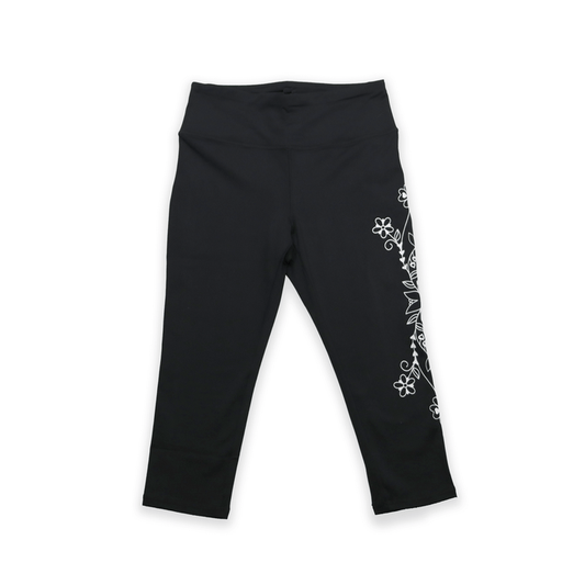 Black Eternal Spring Floral 3/4 Leggings with floral print on side flat lay