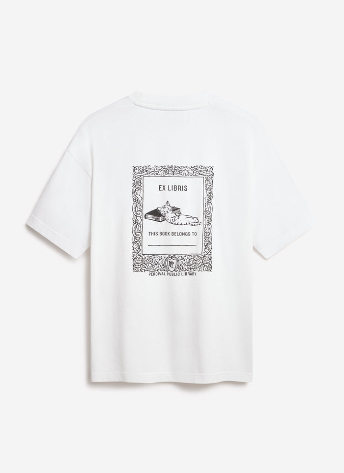 The back of the Percival Ex Libris oversized t-shirt in white, showing the bookplate style graphic with a cat illustration.