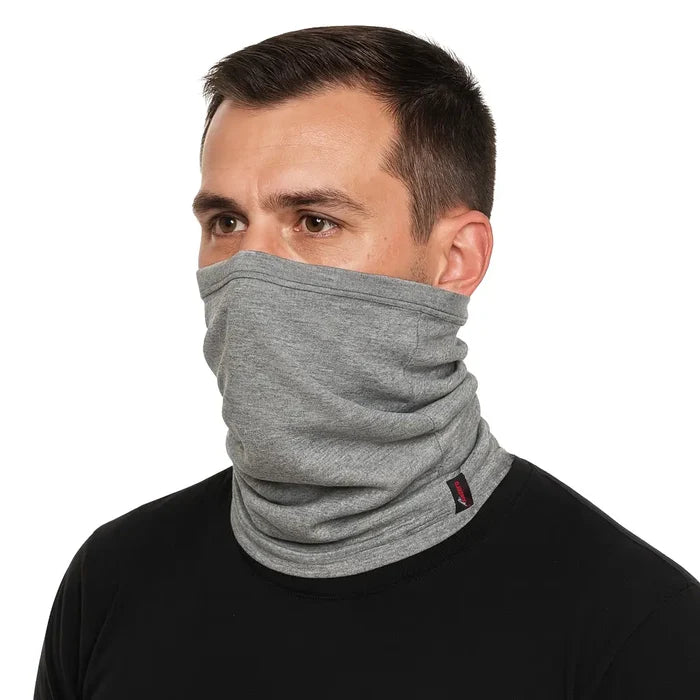 Man wearing a Sub Zero Factor 2 Plus neck warmer in marl grey on a white background