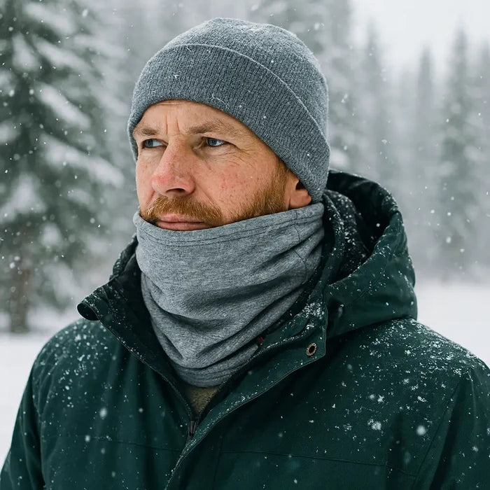 Man wearing a Sub Zero Factor 2 Plys thermal neck warmer whilst walking in the snow through a forest