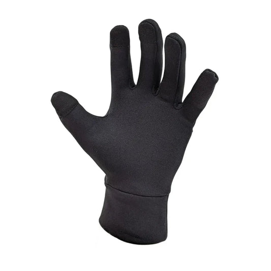 Palm detail on a left hand of Sub Zero Factor 2 Plus touchscreen glove in black showing the double cuff and conductive fingertips