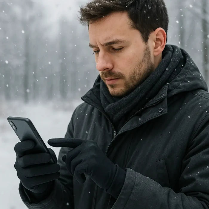 Man wearing Factor 2 Plus touchscreen gloves outside in the snow whilst using his mobile phone