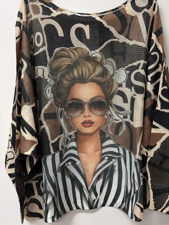 Lightweight knit pullover sweater featuring a bold fashion icon woman graphic with sunglasses and striped details.