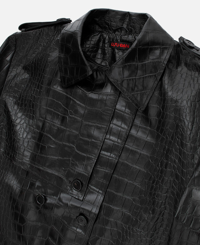 Faux Croco Leather Trench (Black)