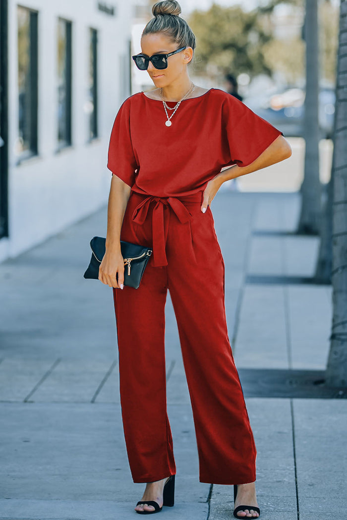 Fiery Red Belted Wide Leg Jumpsuit - RED / S / 95% POLYESTER + 5% ELASTANE - Bottoms/Jumpsuits & Rompers