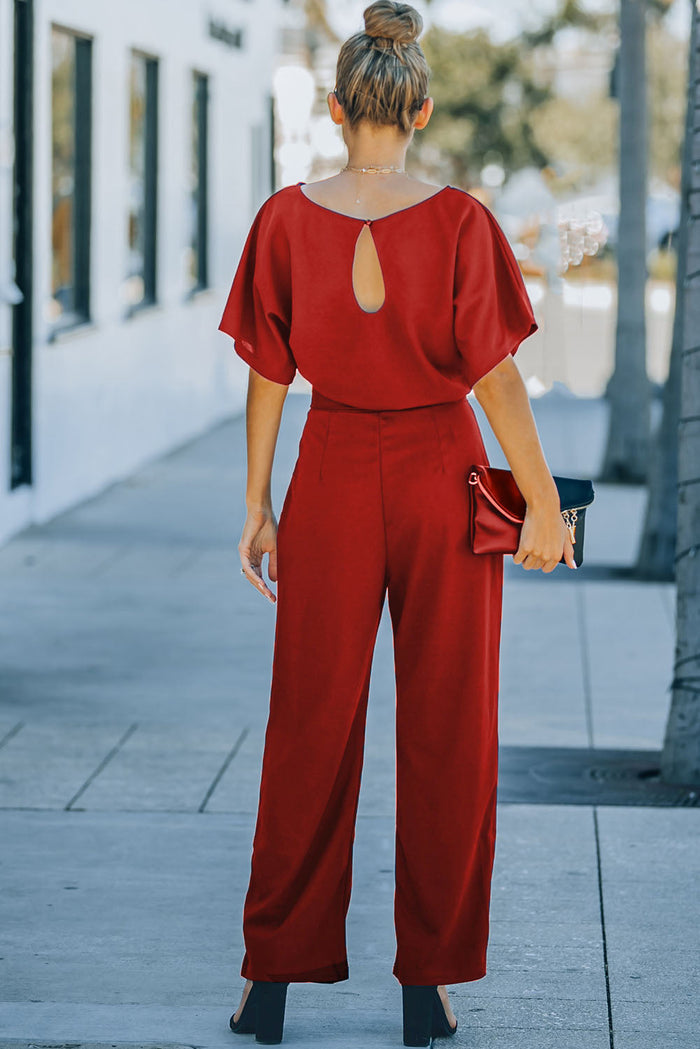 Fiery Red Belted Wide Leg Jumpsuit - Bottoms/Jumpsuits & Rompers
