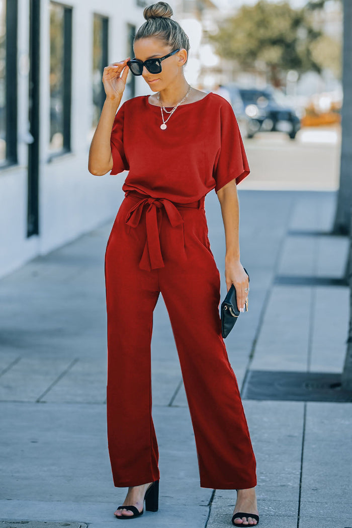 Fiery Red Belted Wide Leg Jumpsuit - Bottoms/Jumpsuits & Rompers