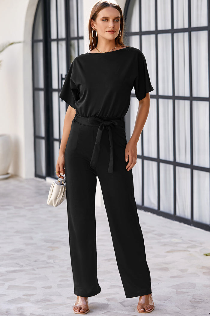 Fiery Red Belted Wide Leg Jumpsuit - Bottoms/Jumpsuits & Rompers