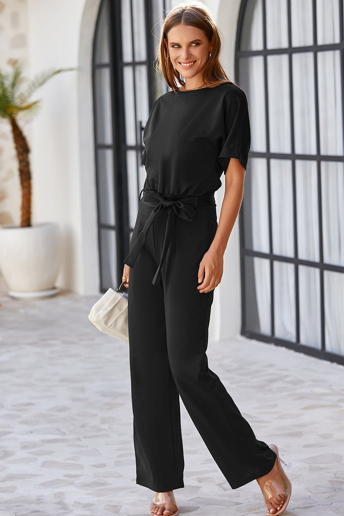 Fiery Red Belted Wide Leg Jumpsuit - Bottoms/Jumpsuits & Rompers