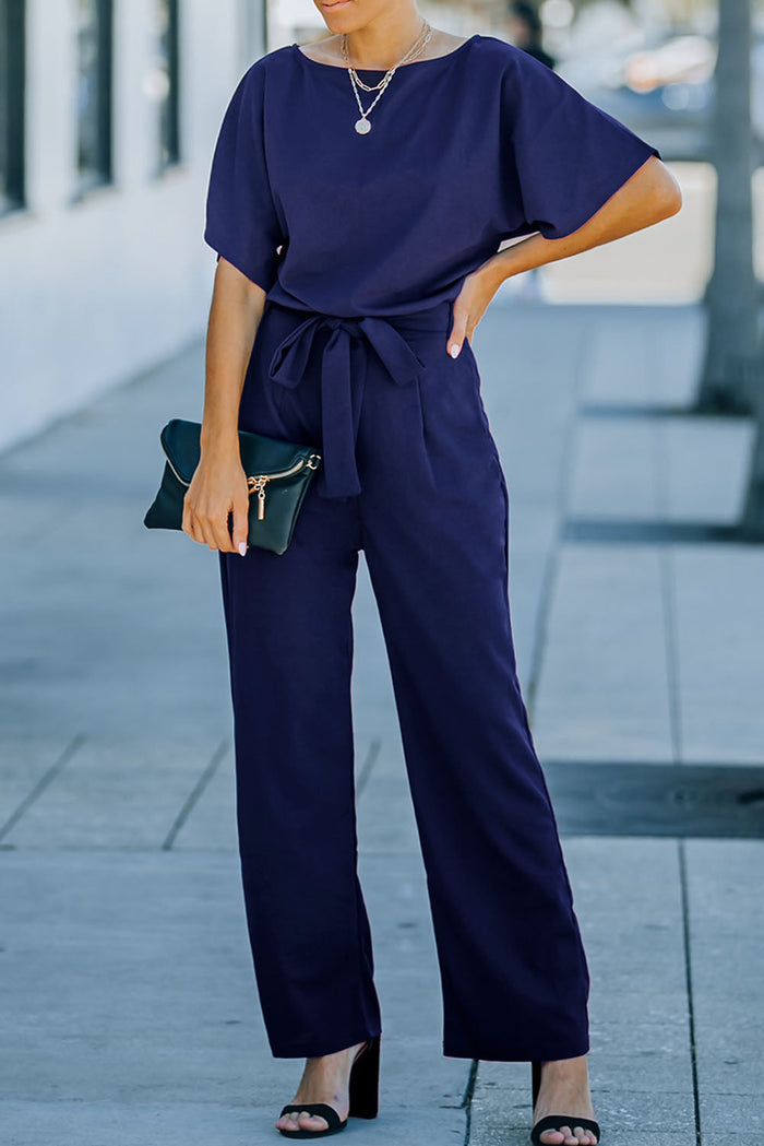 Fiery Red Belted Wide Leg Jumpsuit - BLUE / S / 95% POLYESTER + 5% ELASTANE - Bottoms/Jumpsuits & Rompers