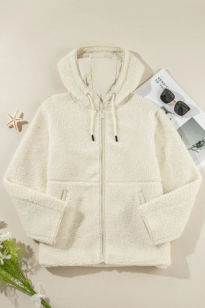Fleece Zip Up Drawstring Hooded Pocketed Jacket