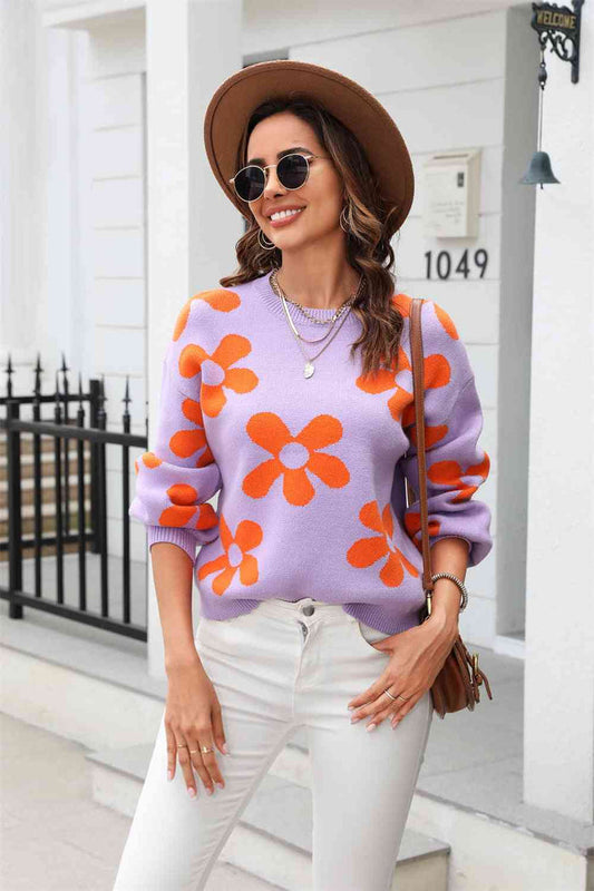 Floral Print Round Neck Dropped Shoulder Pullover Sweater - Madikfashions.com