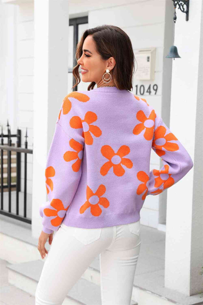 Floral Print Round Neck Dropped Shoulder Pullover Sweater - Madikfashions.com