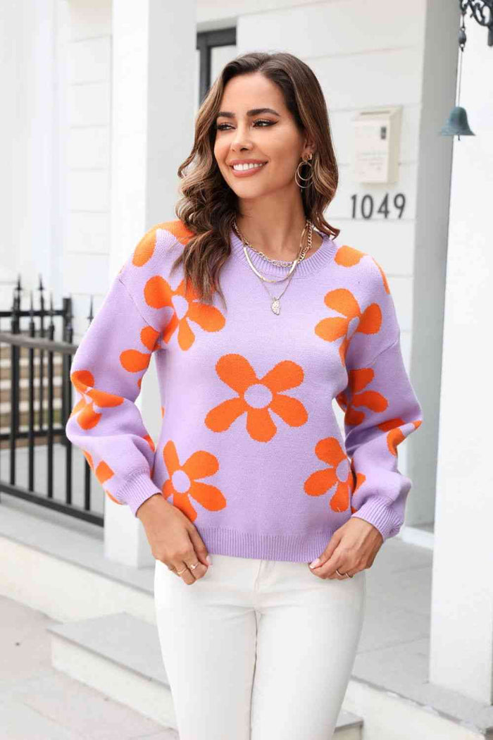 Floral Print Round Neck Dropped Shoulder Pullover Sweater - Madikfashions.com