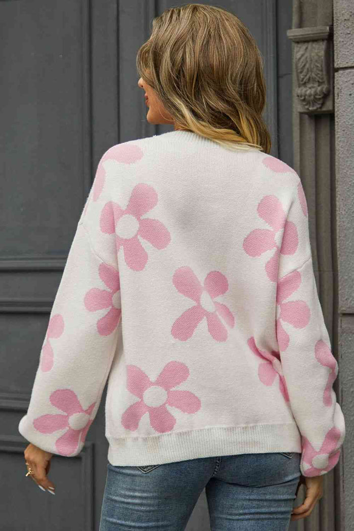 Floral Print Round Neck Dropped Shoulder Pullover Sweater - Madikfashions.com