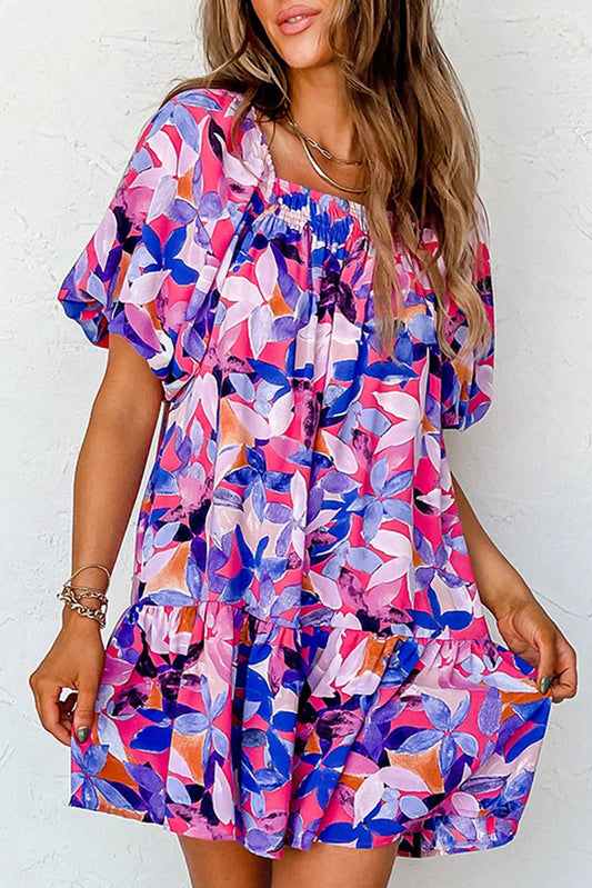Purple Flower Print Short Puff Sleeve Ruffled Dress - PURPLE / S / 100% POLYESTER - Dresses/Floral Dresses