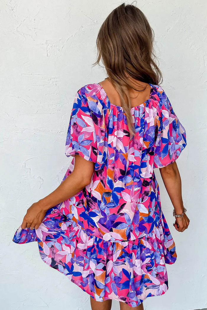 Purple Flower Print Short Puff Sleeve Ruffled Dress - Dresses/Floral Dresses