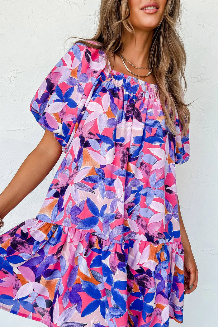 Purple Flower Print Short Puff Sleeve Ruffled Dress - Dresses/Floral Dresses