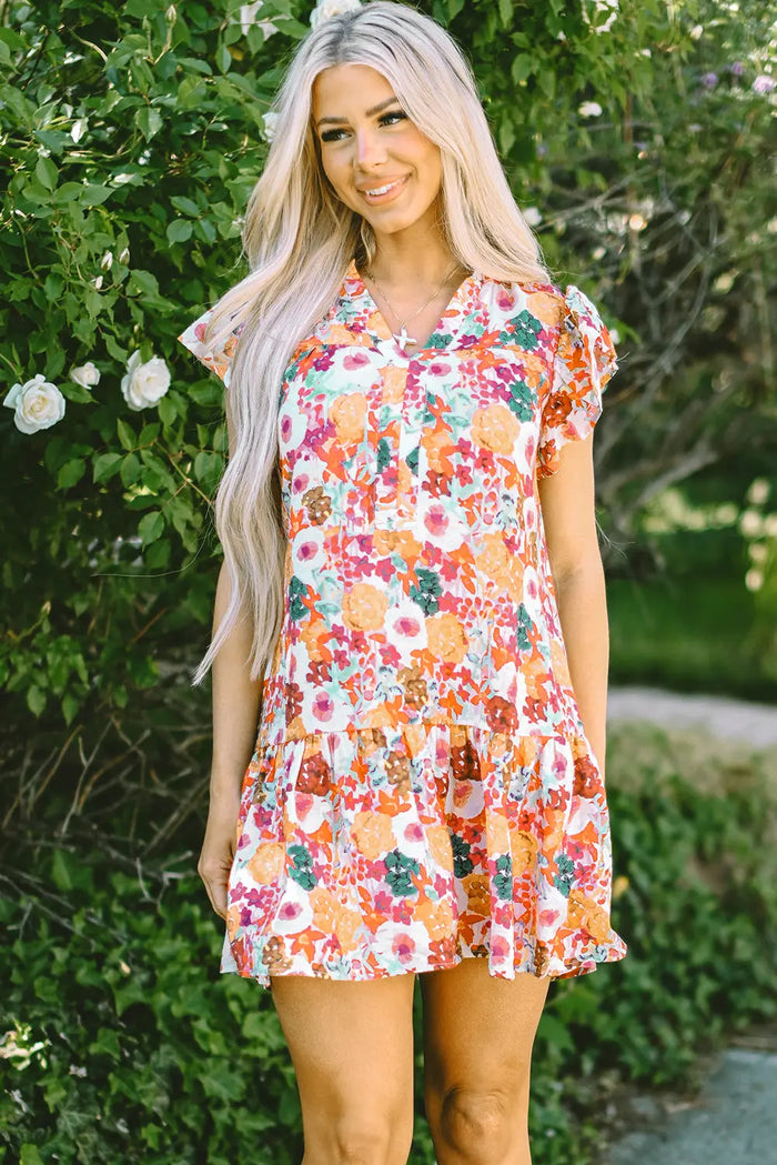 Purple Floral Print Split Neck Flutter Sleeve Dress - PURPLE / S - Dresses/Floral Dresses