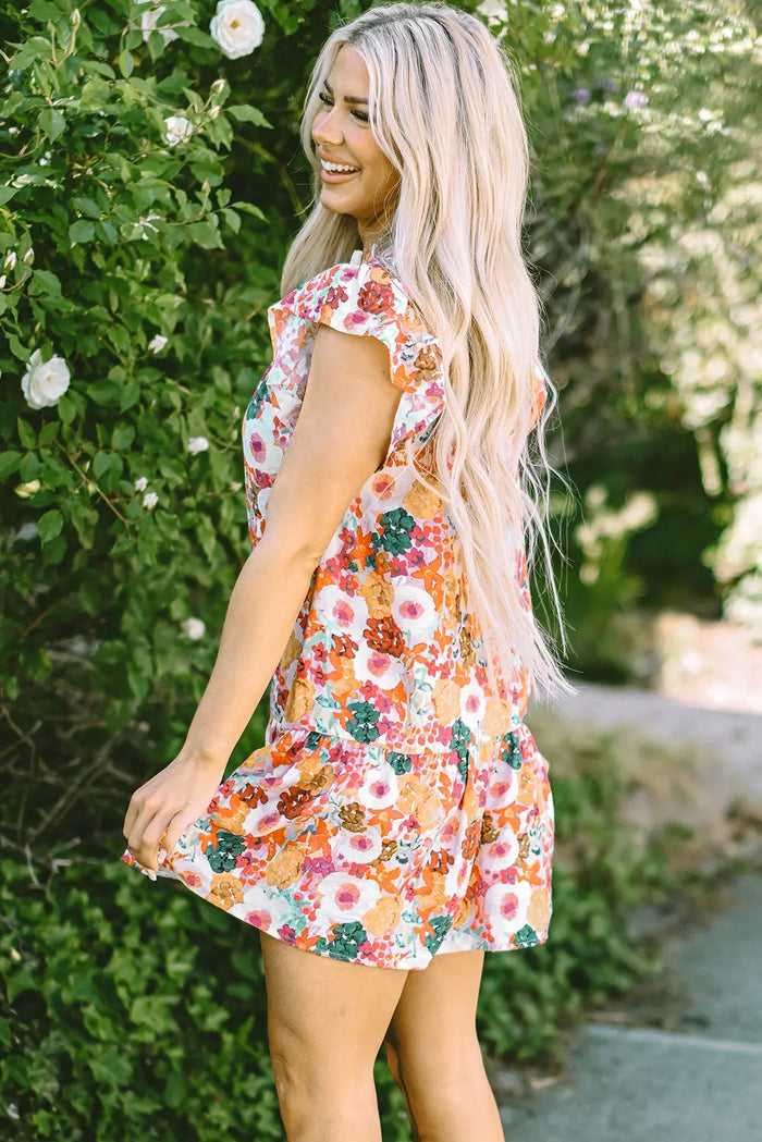 Purple Floral Print Split Neck Flutter Sleeve Dress - Dresses/Floral Dresses