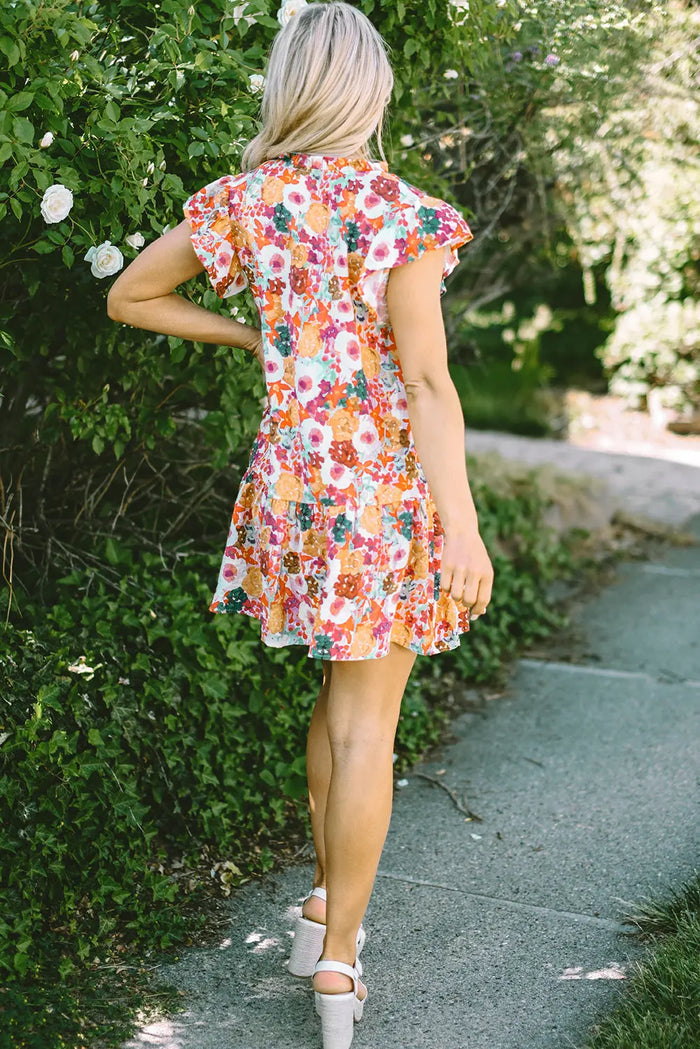 Purple Floral Print Split Neck Flutter Sleeve Dress - Dresses/Floral Dresses