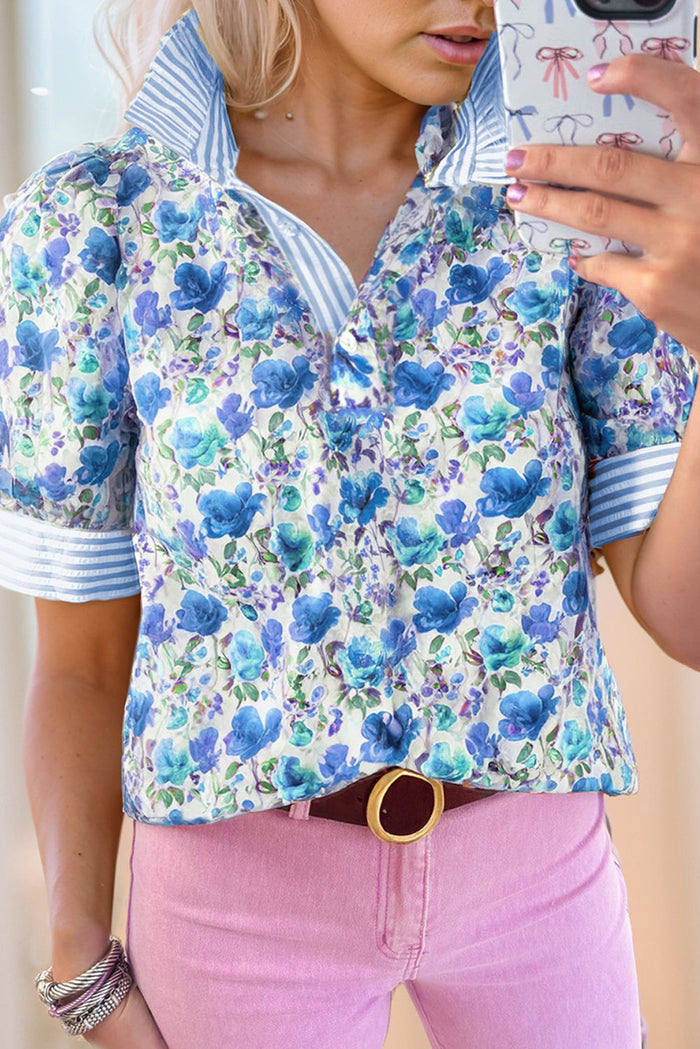 Blue Floral Print Striped Patchwork Collared Short Sleeve Blouse - Sky / S / 100% Polyester - Tops/Blouses & Shirts