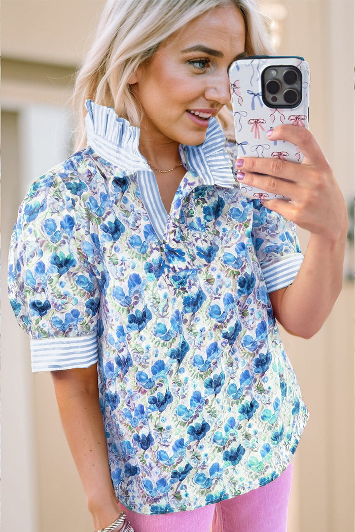 Blue Floral Print Striped Patchwork Collared Short Sleeve Blouse - Tops/Blouses & Shirts