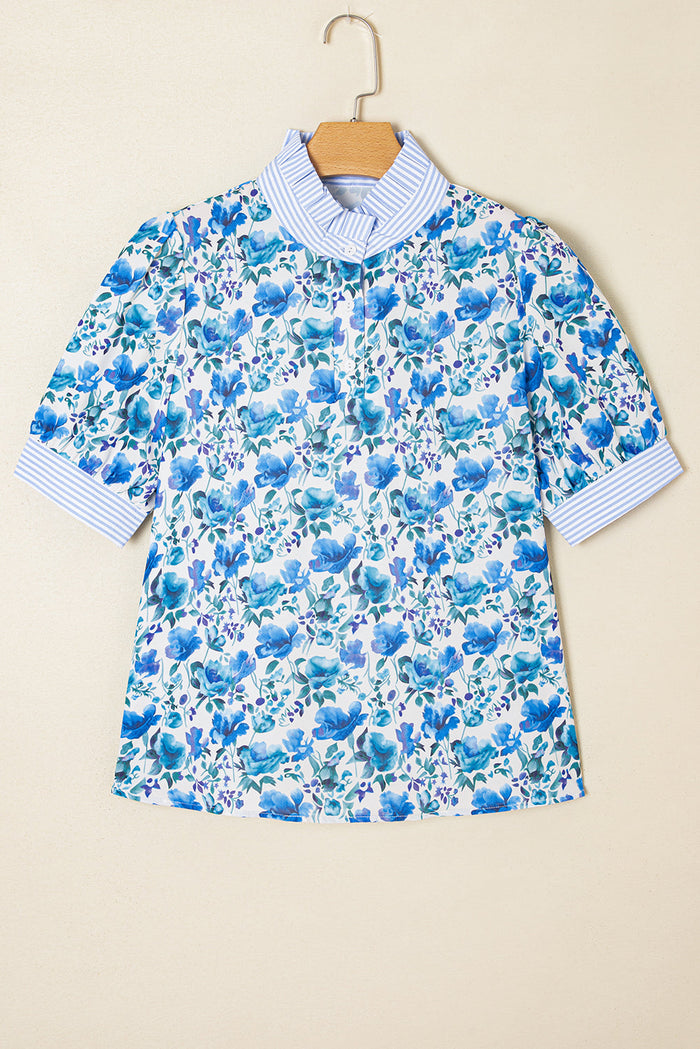 Blue Floral Print Striped Patchwork Collared Short Sleeve Blouse - Tops/Blouses & Shirts