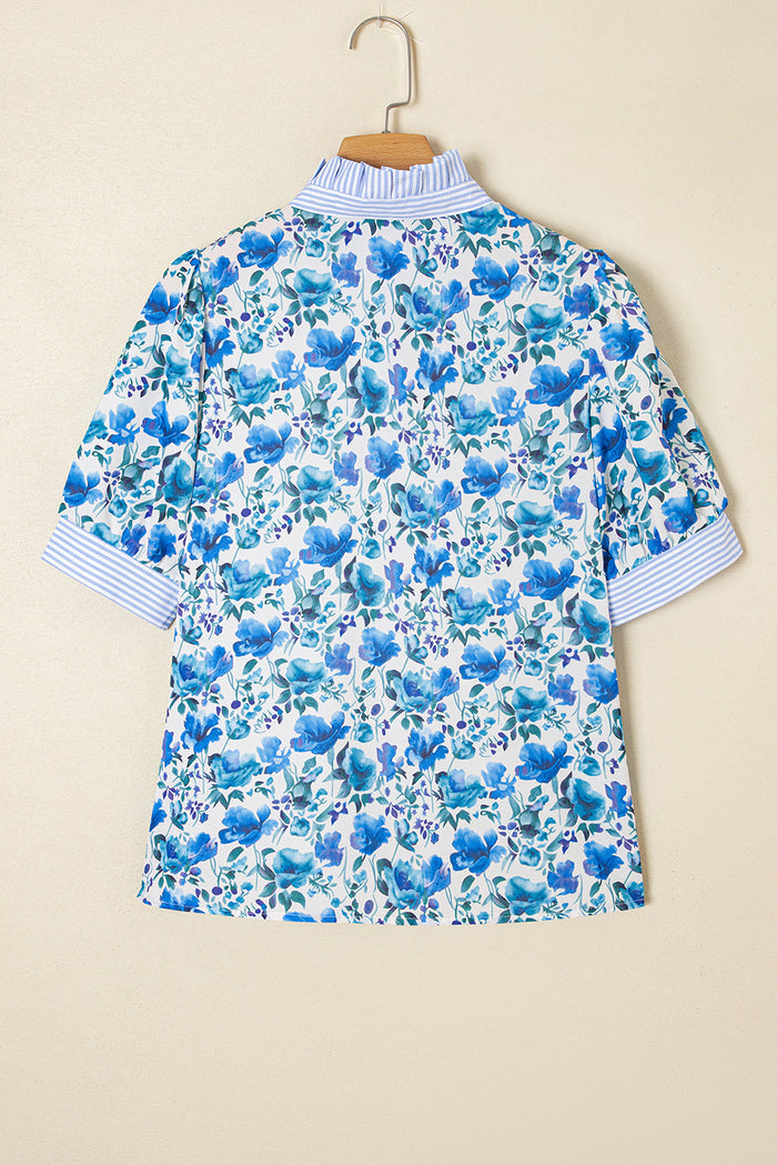 Blue Floral Print Striped Patchwork Collared Short Sleeve Blouse - Tops/Blouses & Shirts