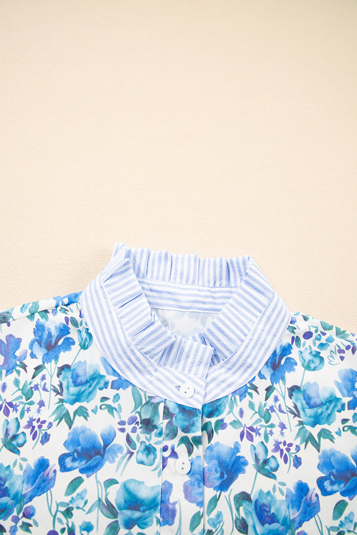 Blue Floral Print Striped Patchwork Collared Short Sleeve Blouse - Tops/Blouses & Shirts