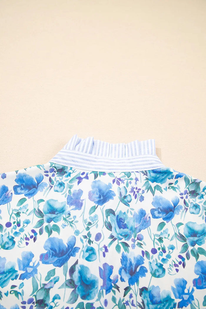 Blue Floral Print Striped Patchwork Collared Short Sleeve Blouse - Tops/Blouses & Shirts
