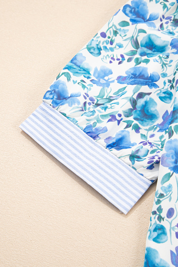Blue Floral Print Striped Patchwork Collared Short Sleeve Blouse - Tops/Blouses & Shirts