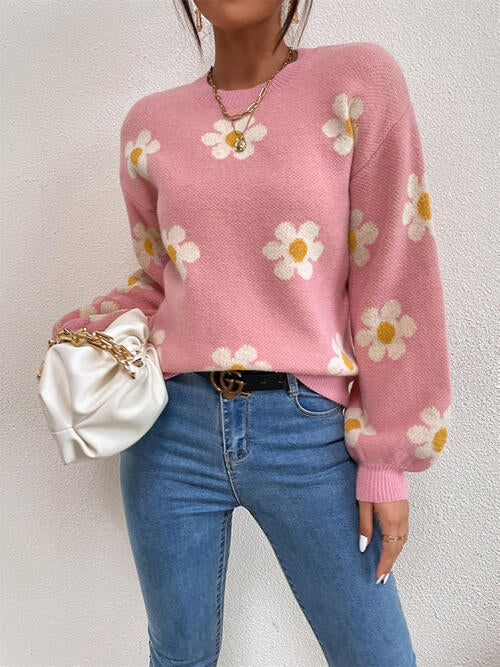 Flower Round Neck Latern Sleeve Sweater - Madikfashions.com