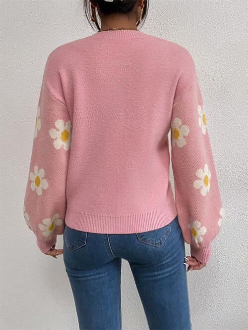Flower Round Neck Latern Sleeve Sweater - Madikfashions.com