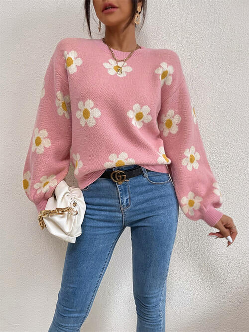 Flower Round Neck Latern Sleeve Sweater - Madikfashions.com