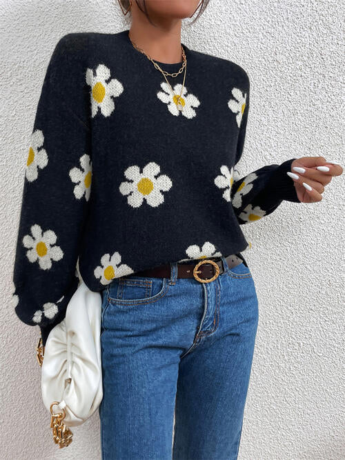Flower Round Neck Latern Sleeve Sweater - Madikfashions.com