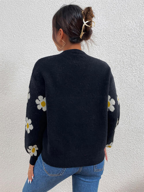 Flower Round Neck Latern Sleeve Sweater - Madikfashions.com