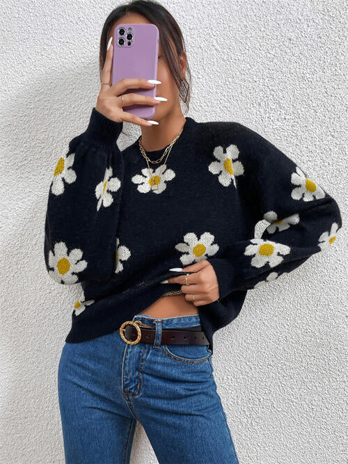 Flower Round Neck Latern Sleeve Sweater - Madikfashions.com